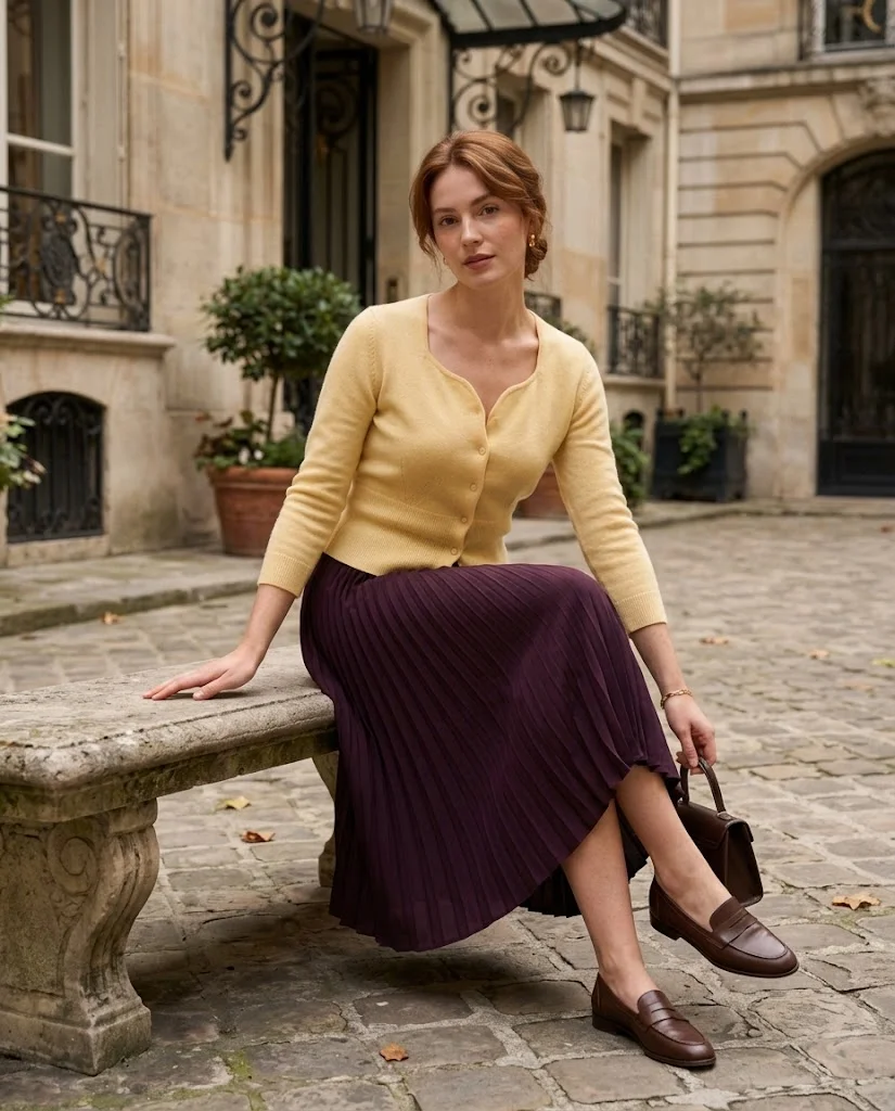 Early Fall Outfits for Women: 20+ Elegant Old Money Ideas 9 Plum Pleated Skirt with Butter-Yellow Fitted Cardigan, an elegant old money early fall outfit for women