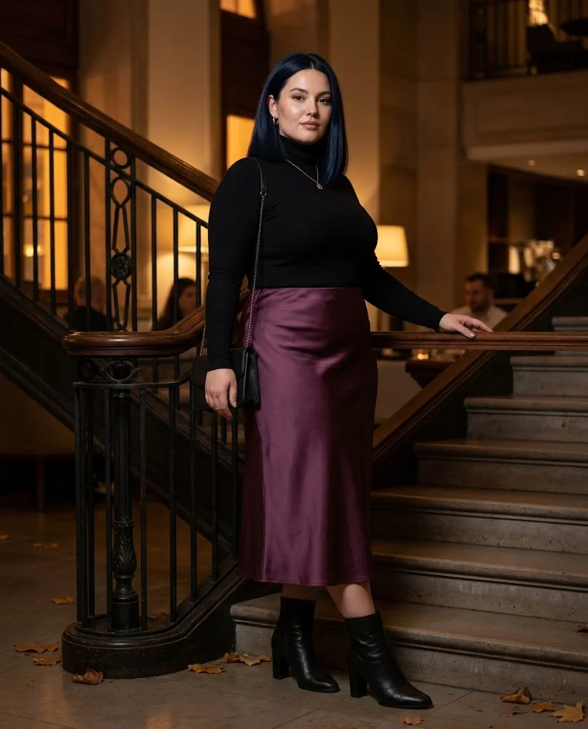 Plum Satin Midi Skirt With a Black Turtleneck Plus Size Fall Date Night Outfit