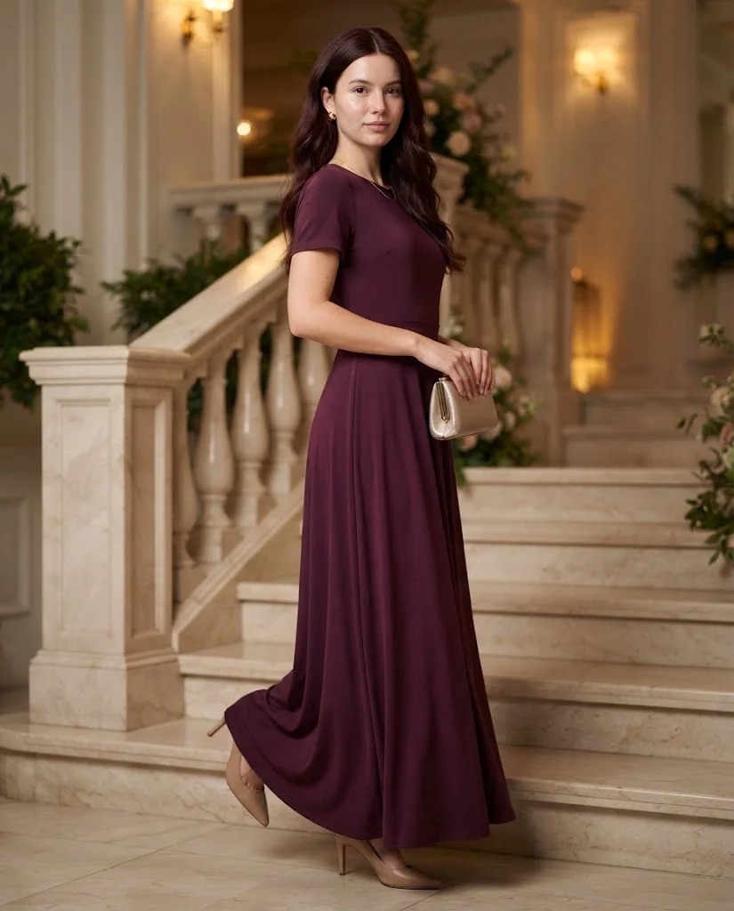 women wearing Plum Short-Sleeve Maxi Dress