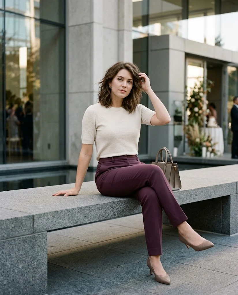 women wearing Plum Trousers With a Cream Knit-Style Top