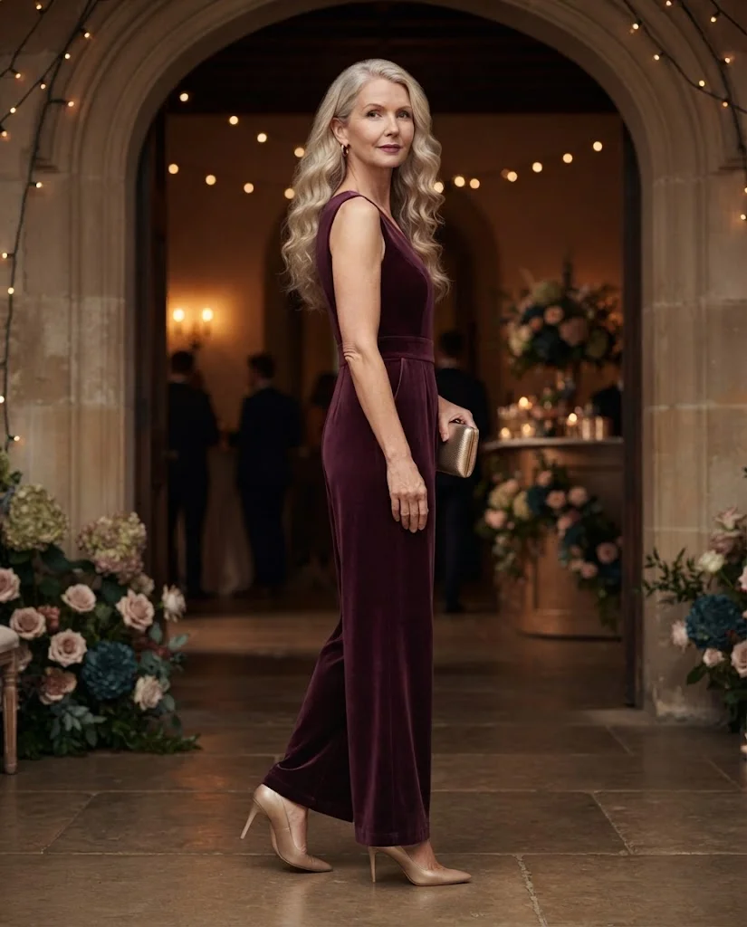 Plum Velvet Jumpsuit with Gold Earrings, a semi-formal wedding guest outfit for women over 50