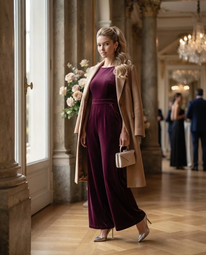 women wearing Plum Velvet Jumpsuit With Metallic Heels