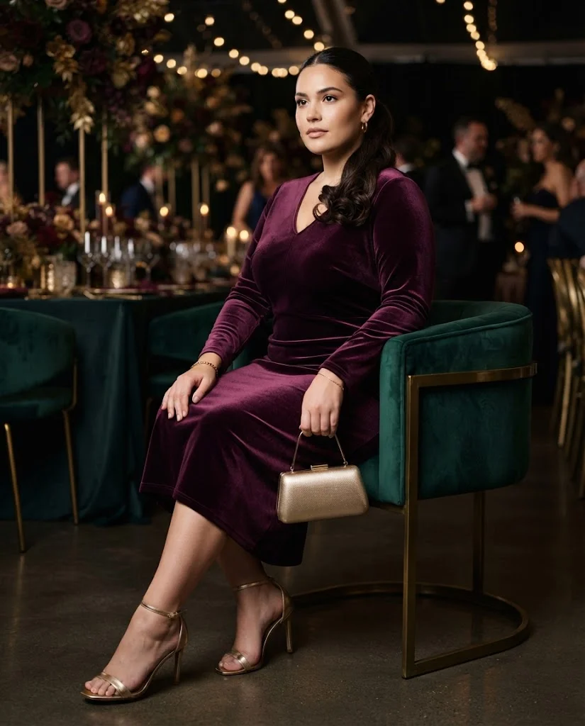 women wearing Plum Velvet Midi Dress With Gold Accessories