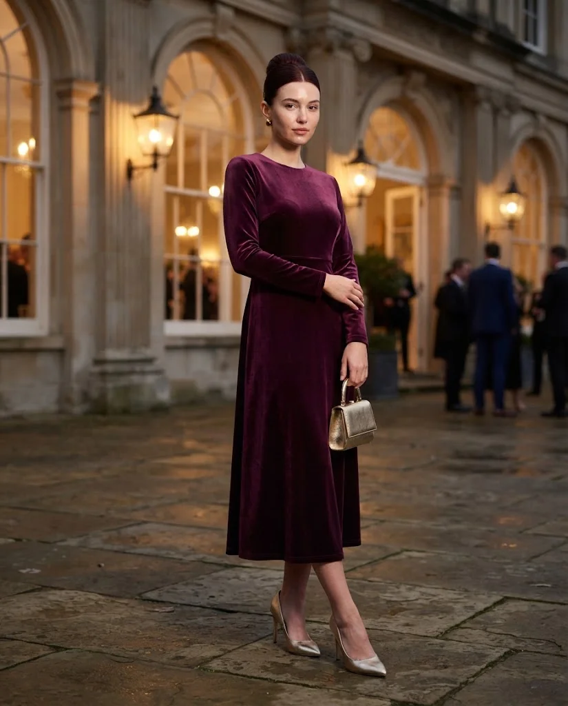 Plum Velvet Midi Dress with Gold Heels, a stylish petite wedding guest outfit for women