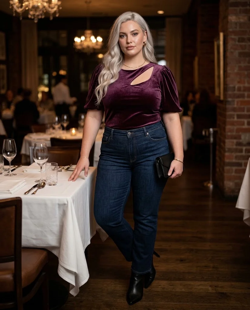 Plus Size Fall Dinner Outfits: 15 Chic Looks for Autumn Evenings 6 Plum Velvet Top With Dark Straight-Leg Jeans Plus Size Fall Dinner Outfit