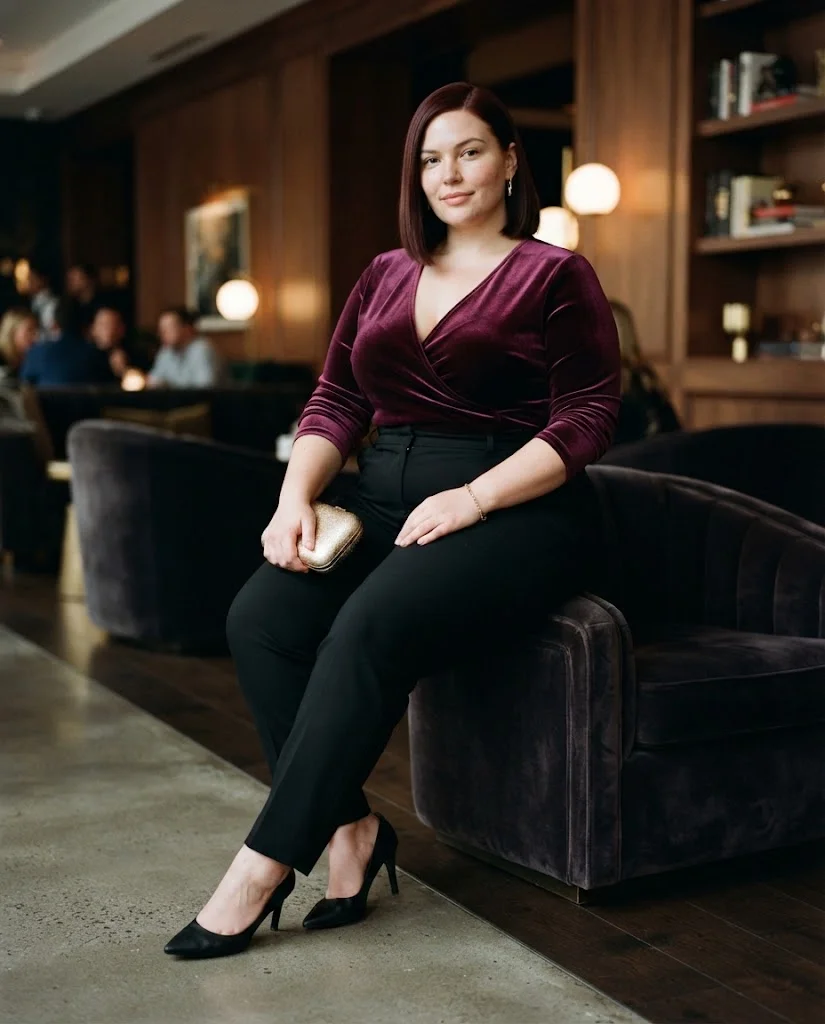 Plum Velvet Wrap Top With Black Trousers Plus Size Date Night Outfit