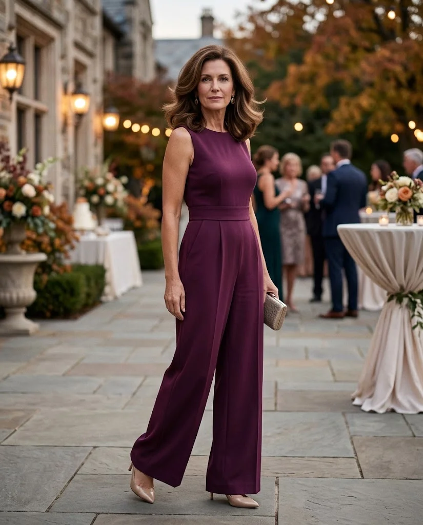 Plum Wide-Leg Jumpsuit with Gold Earrings, a fall wedding guest outfit for women over 50