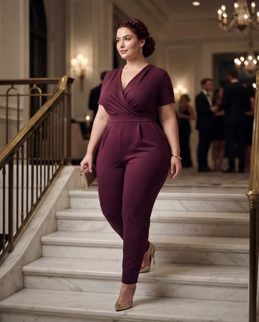 Plum Wrap Jumpsuit With Metallic Pumps Plus Size Cocktail Party Outfit