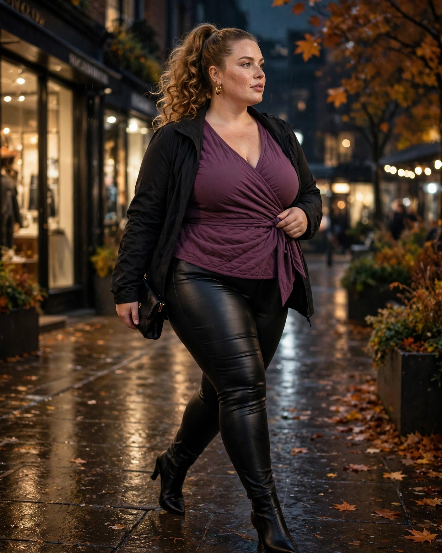 Plum Wrap Top With Coated Skinny Jeans Plus Size Fall Night Out Outfit