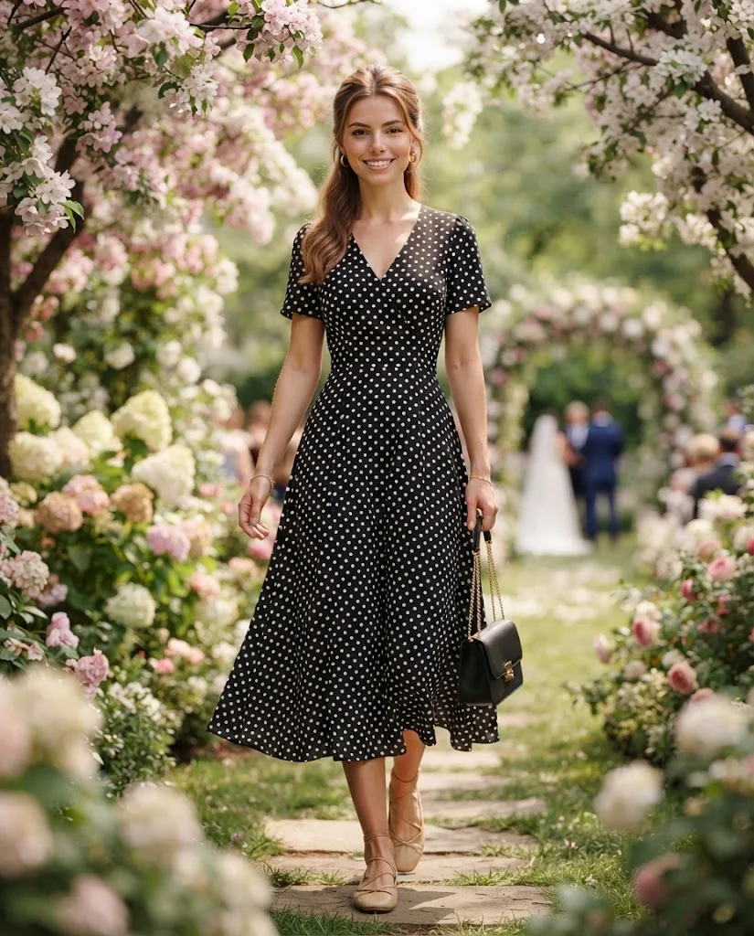 women wearing Polka Dot Dress With Ballet Flats