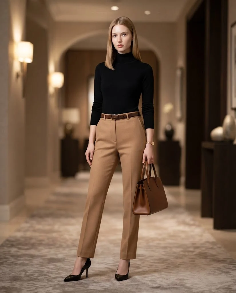 women wearing  Polo Neck Top With Tailored Trousers