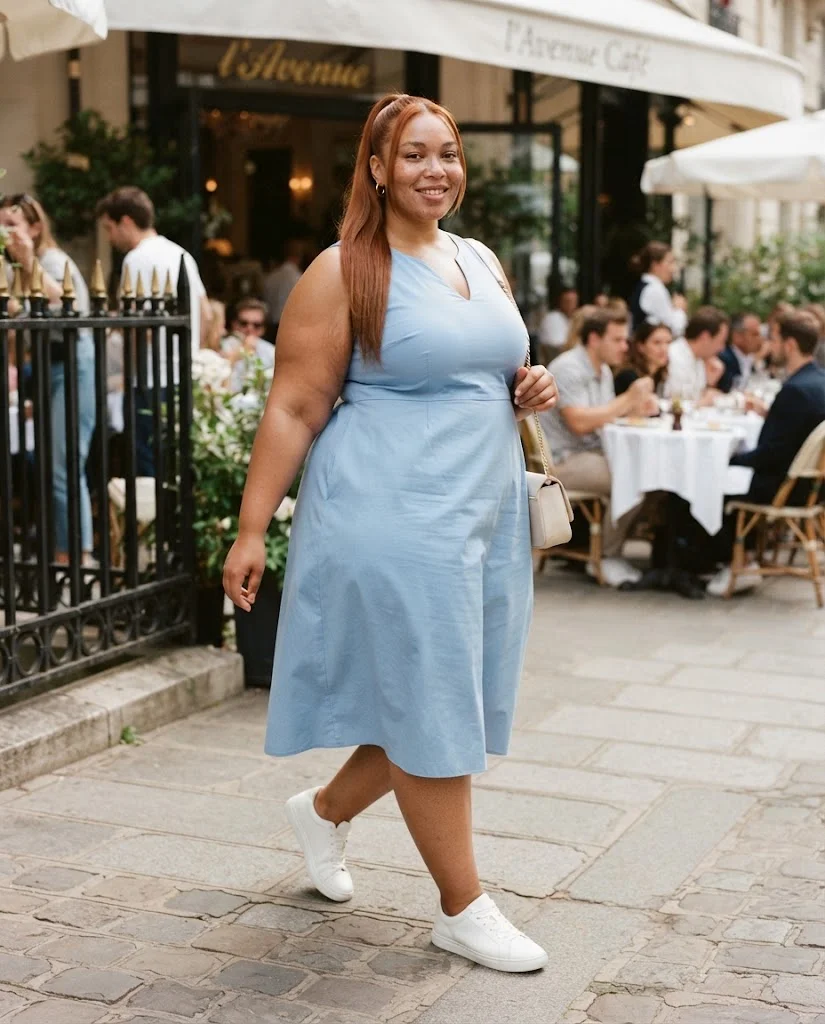 Plus Size Brunch Outfits for Women: 15 Stylish Ideas 2 Powder Blue Midi Dress With White Sneakers Plus Size Brunch Outfit