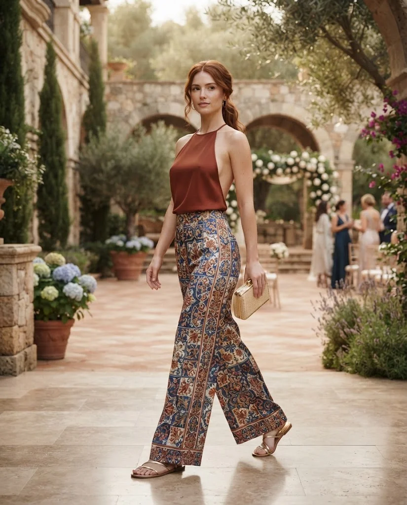 women wearing Printed Palazzo Pants With a Backless Top