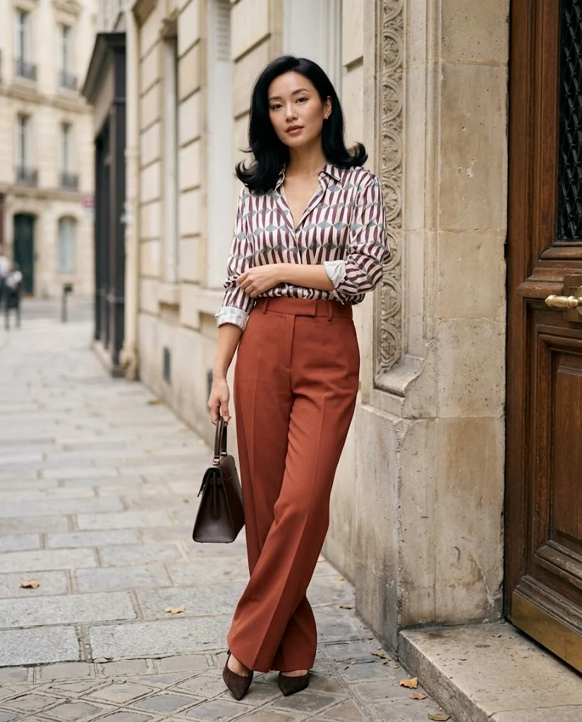 Early Fall Outfits for Women: 20+ Elegant Old Money Ideas 4 Printed Silk Shirt with Wide-Leg Terracotta Trousers, an elegant old money early fall outfit for women