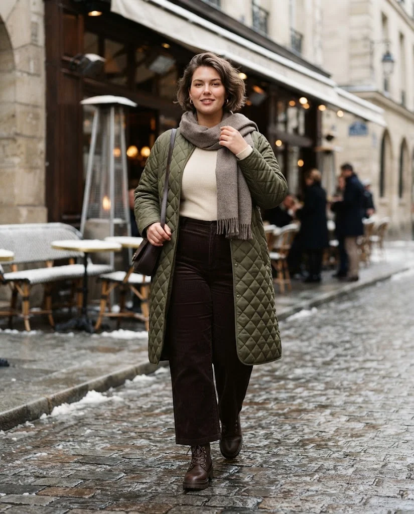 Plus Size Winter Outfits for Women: 15 Warm and Stylish Ideas 8 Quilted Coat With Corduroy Wide-Leg Pants, a warm plus size winter outfit for women