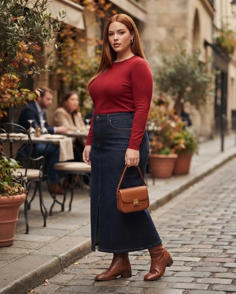 Plus Size Fall Brunch Outfits: Chic Looks for Crisp Autumn Days 15 Red Knit Top With a Denim Maxi Skirt Plus Size Fall Brunch Outfit
