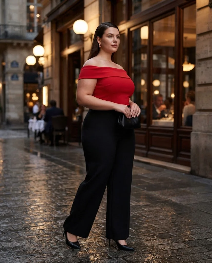 Red Off-Shoulder Top With Black Wide-Leg Pants Plus Size Date Night Outfit