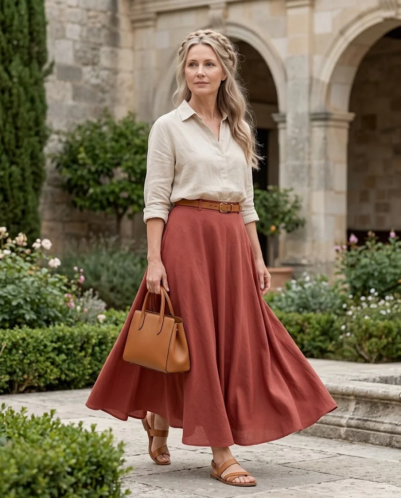 women wearing Relaxed Blouse With a Belted Maxi Skirt