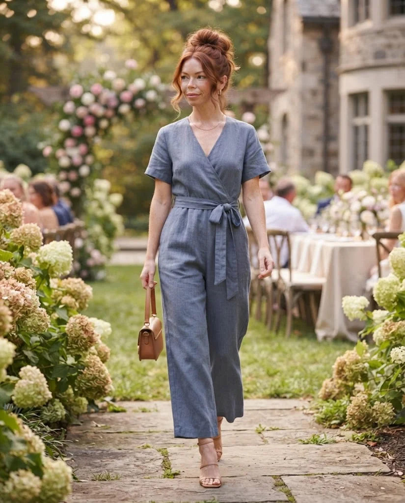women wearing Relaxed Wrap Jumpsuit With Block Heels