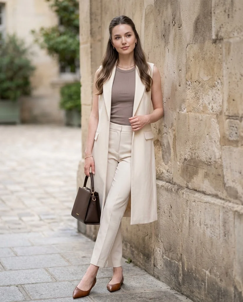 women wearing Ribbed Tank With a Longline Waistcoat