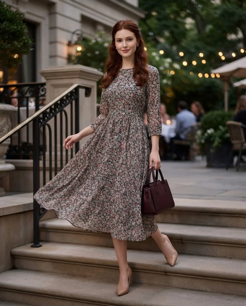 women wearing  Romantic Floral Dress With Classic Accessories