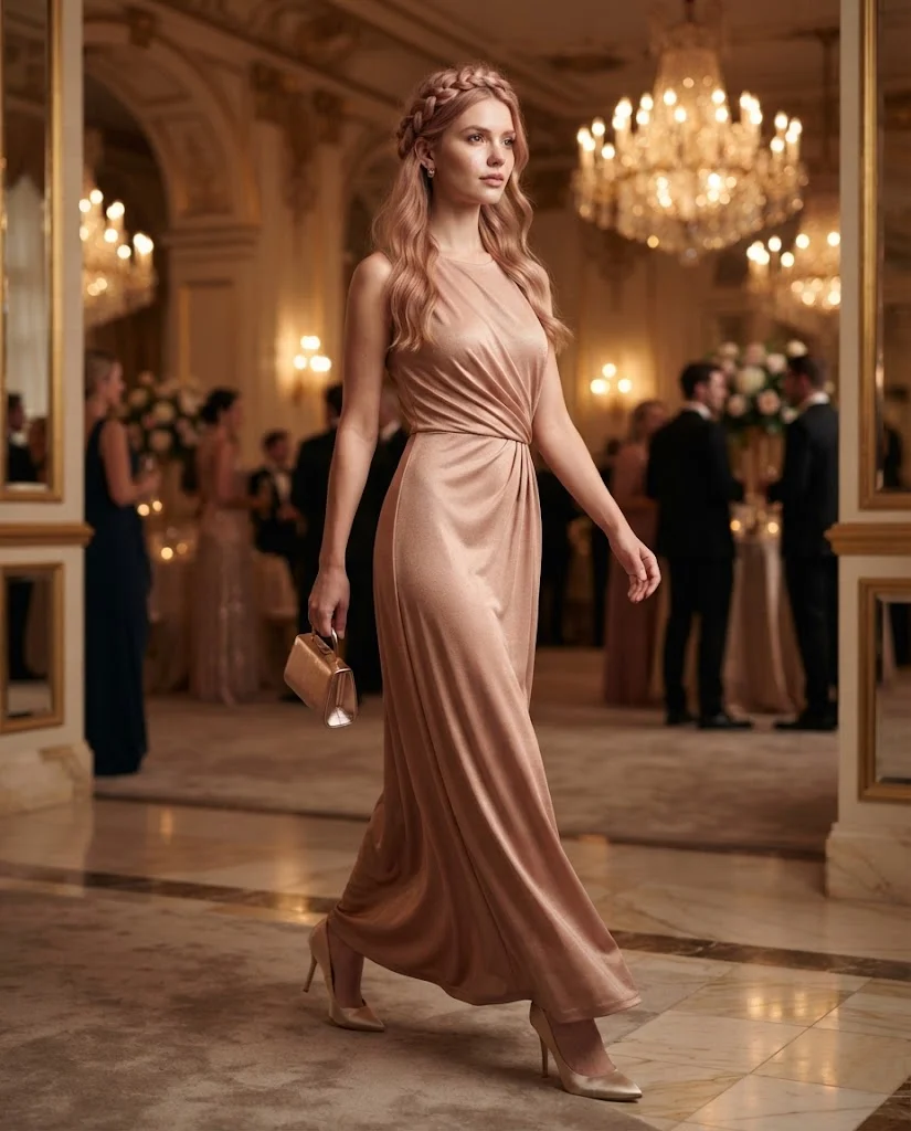 women wearing Rose Gold Draped Maxi Dress