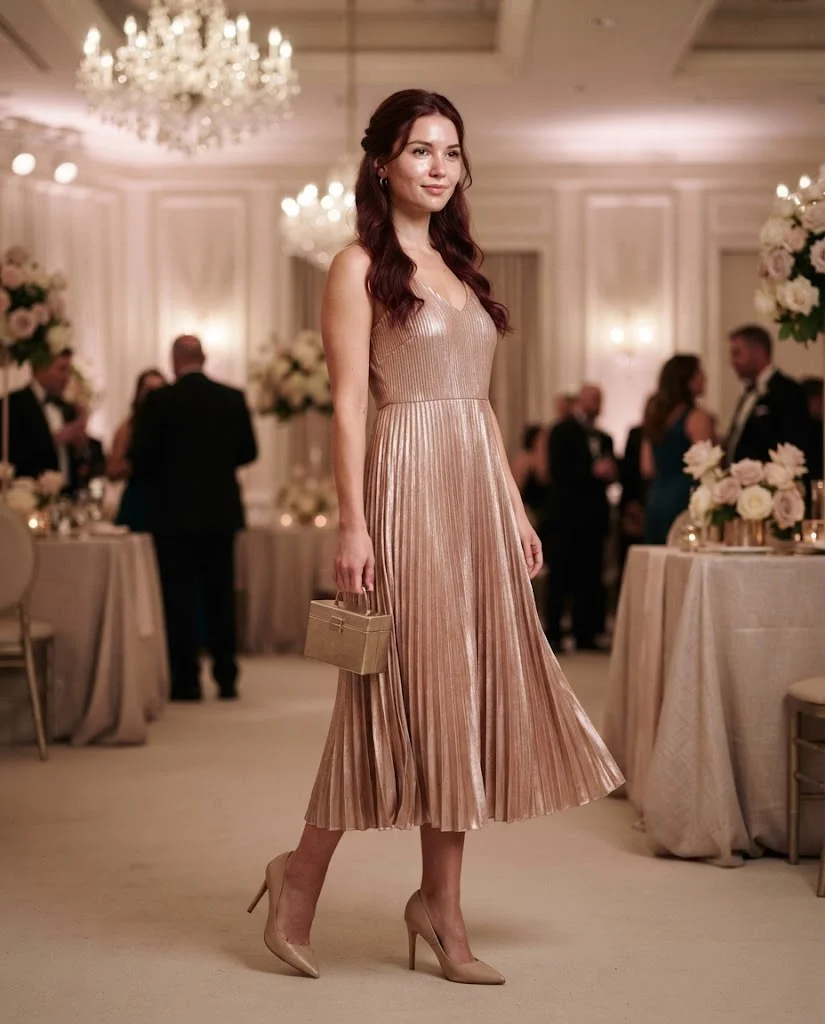 Rose Gold Pleated Midi Dress with Nude Heels, a classy and elegant wedding guest outfit for women