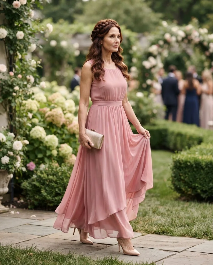 Chic Formal Wedding Guest Outfits for Women Over 50: 20+ Elegant Ideas 11 Rose Pink Chiffon Maxi Dress with Nude Heels, a formal wedding guest outfit for women over 50
