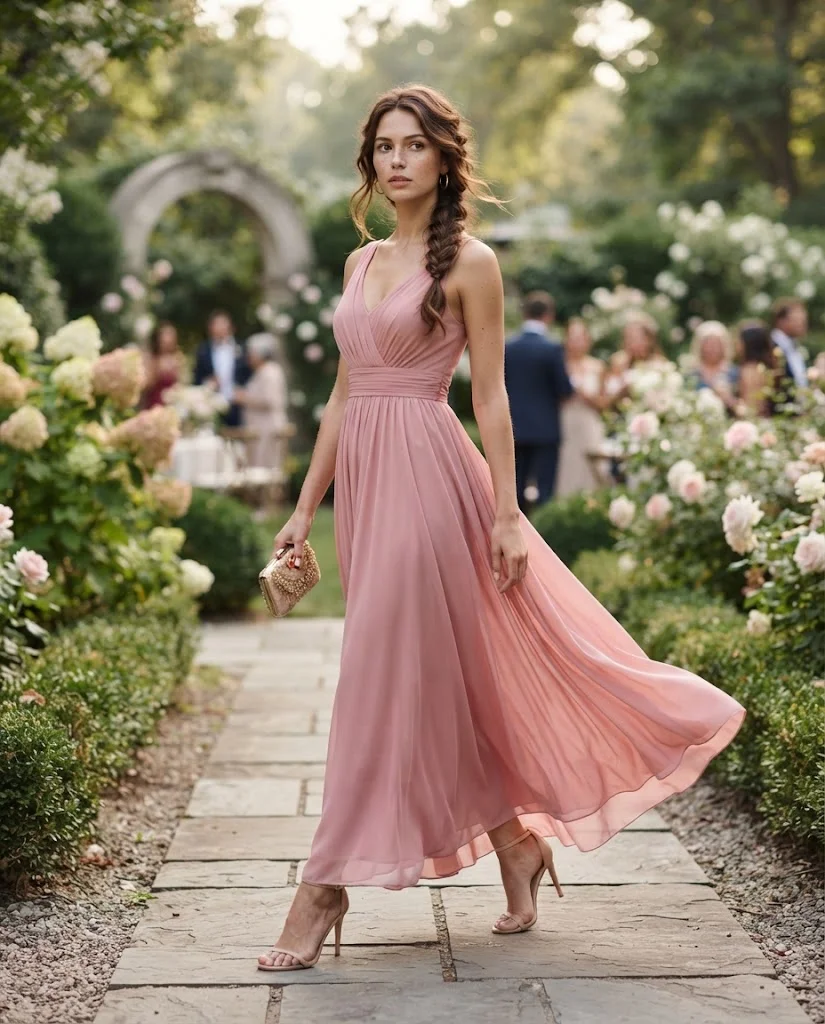 women wearing Rose Pink Chiffon Maxi Dress