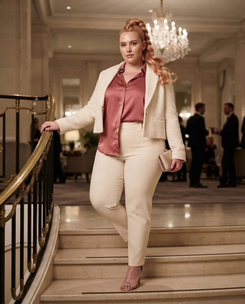 Rose Pink Satin Blouse With Cream Trousers Plus Size Date Night Outfit