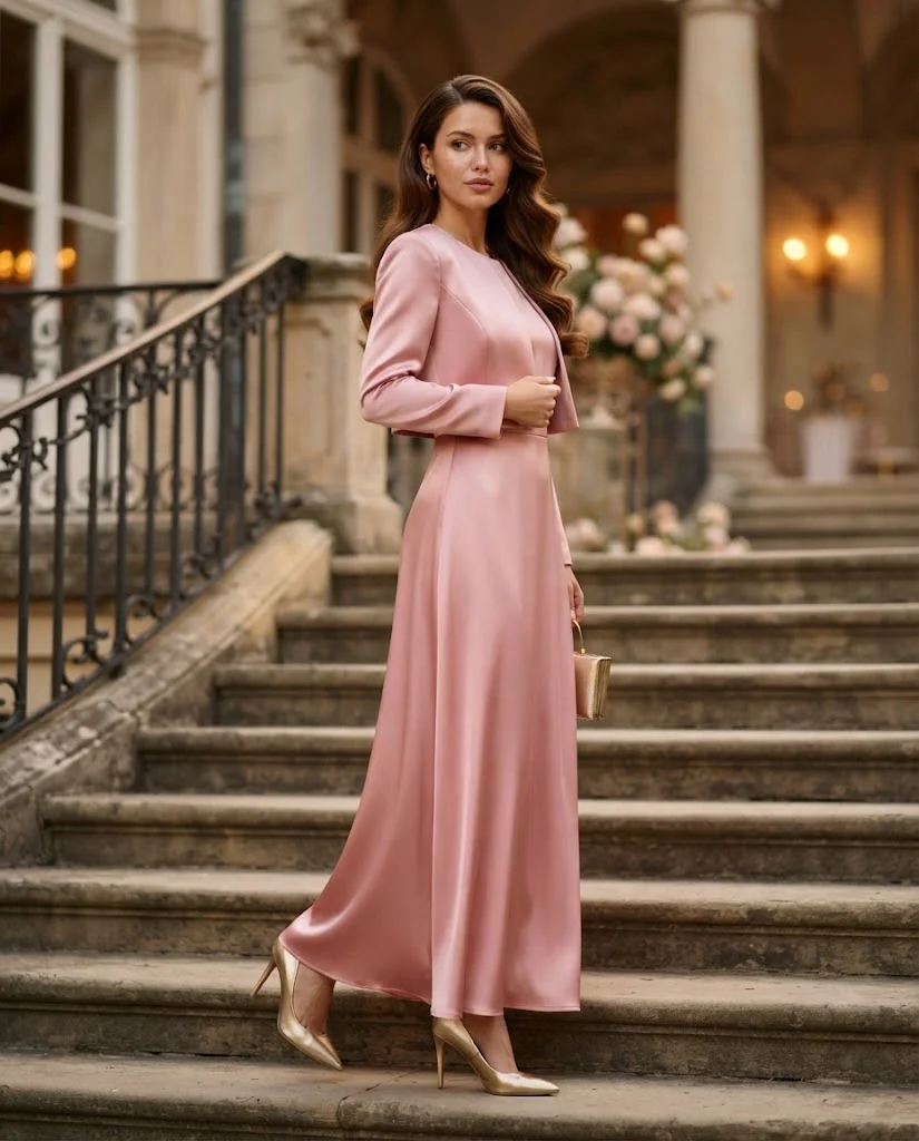 Rose Pink Satin Maxi Dress with a Cropped Jacket, a stylish petite wedding guest outfit for women
