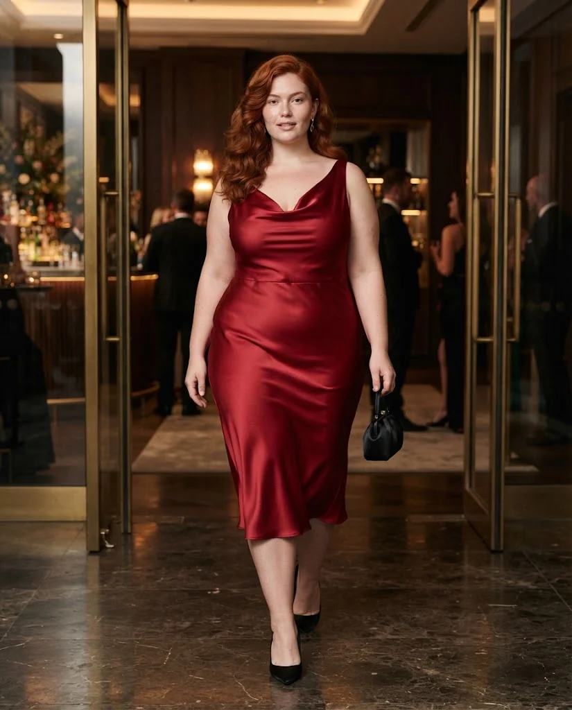 Ruby Red Satin Midi Dress With Black Heels Plus Size Cocktail Party Outfit