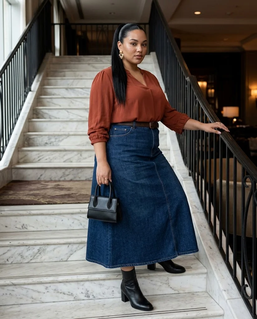 Plus Size Fall Dinner Outfits: 15 Chic Looks for Autumn Evenings 13 Rust Blouse With Dark Denim Maxi Skirt Plus Size Fall Dinner Outfit