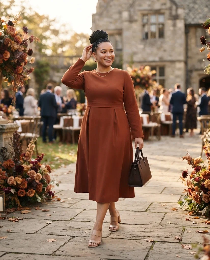 women wearing Rust Long-Sleeve Midi Dress