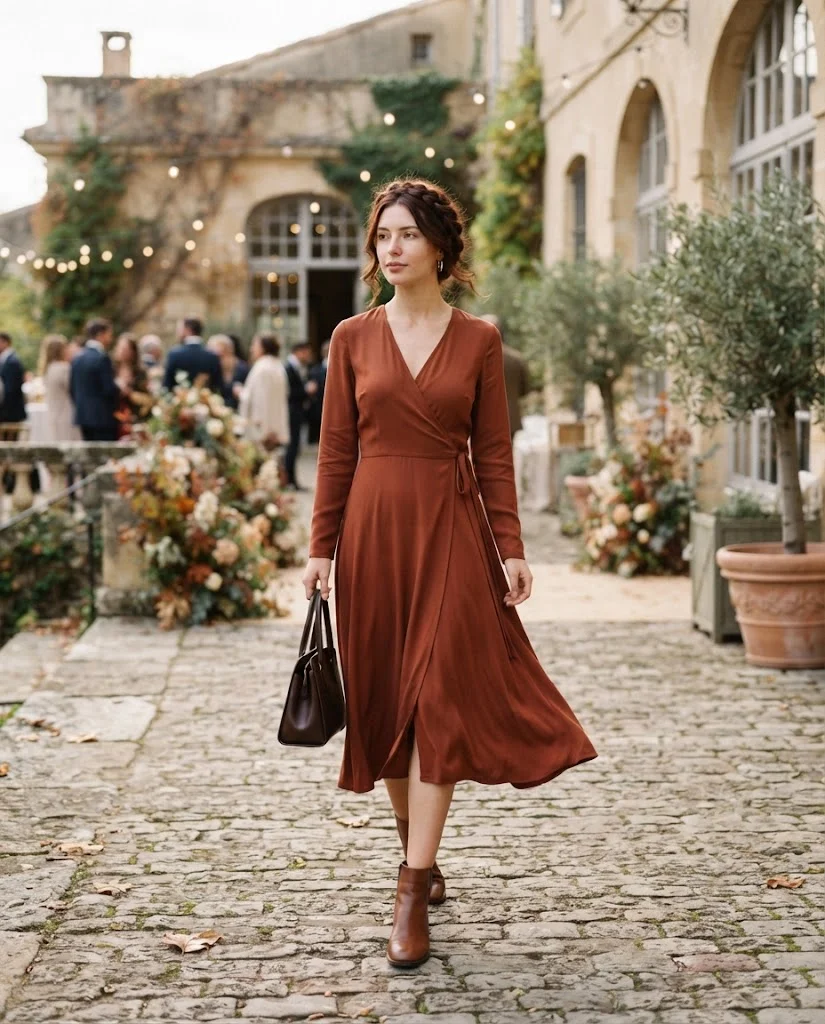 women wearing Rust Long-Sleeve Wrap Dress With Brown Ankle Boots