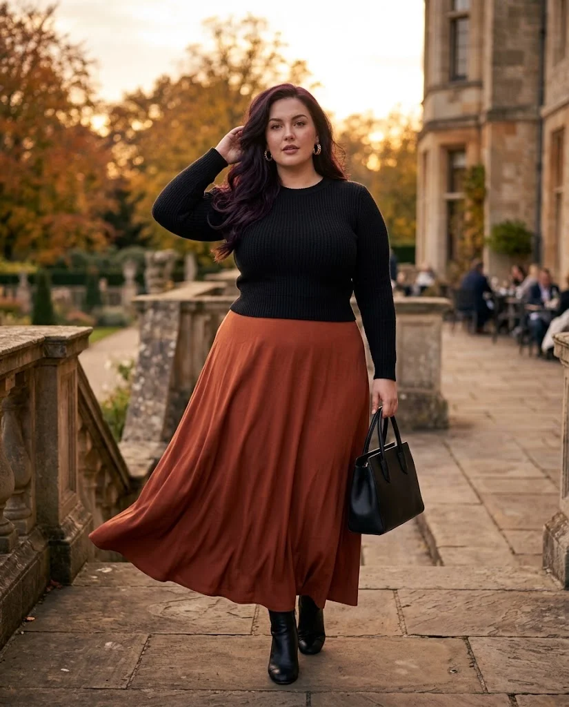 Rust Maxi Skirt With a Black Fitted Sweater Plus Size Fall Date Night Outfit