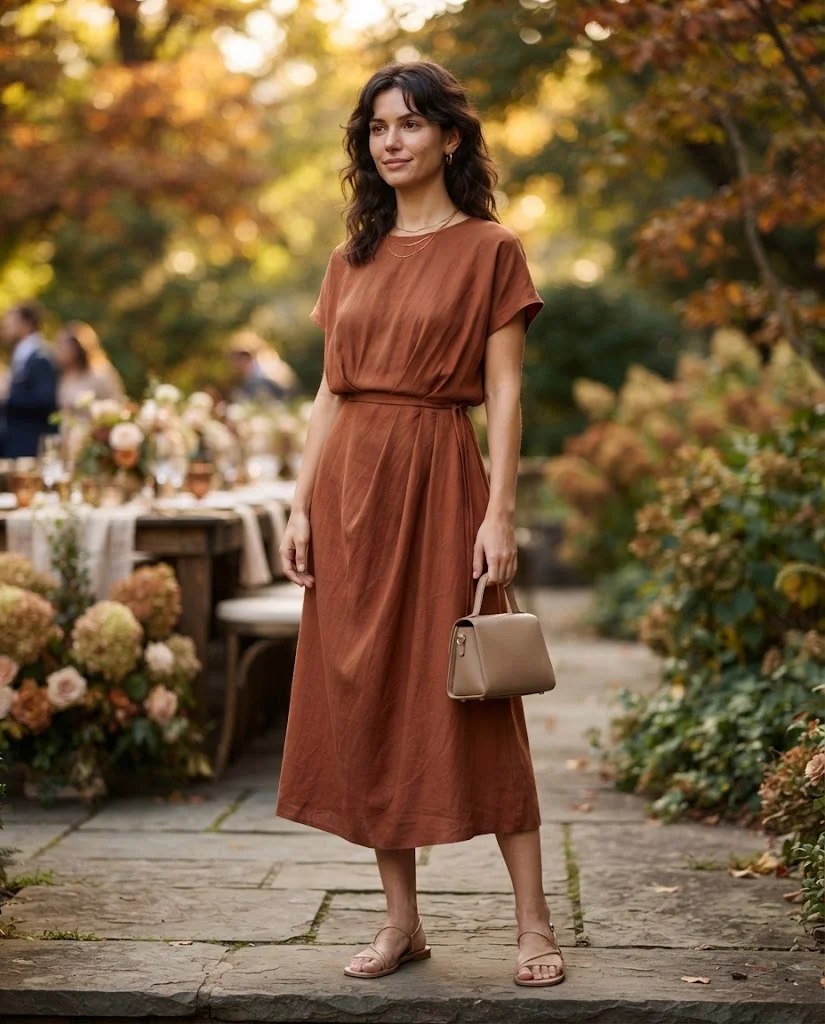 women wearing Rust Midi Dress With Neutral Accessories