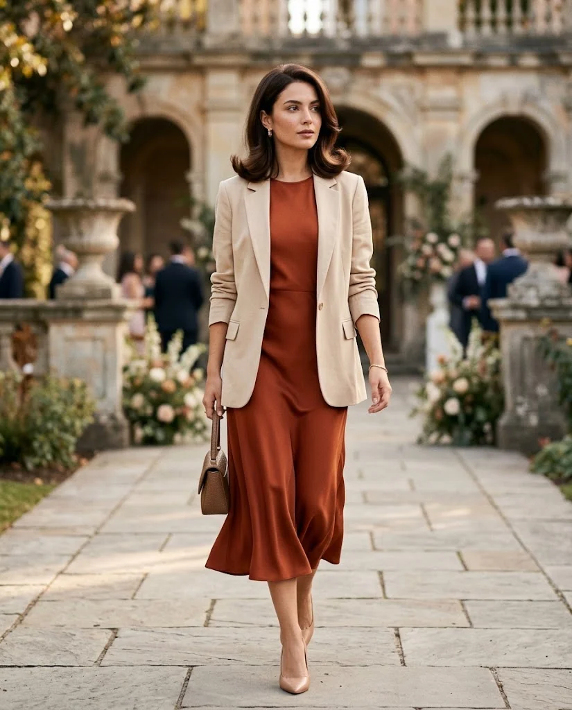  women wearing Rust Midi Dress With a Lightweight Blazer