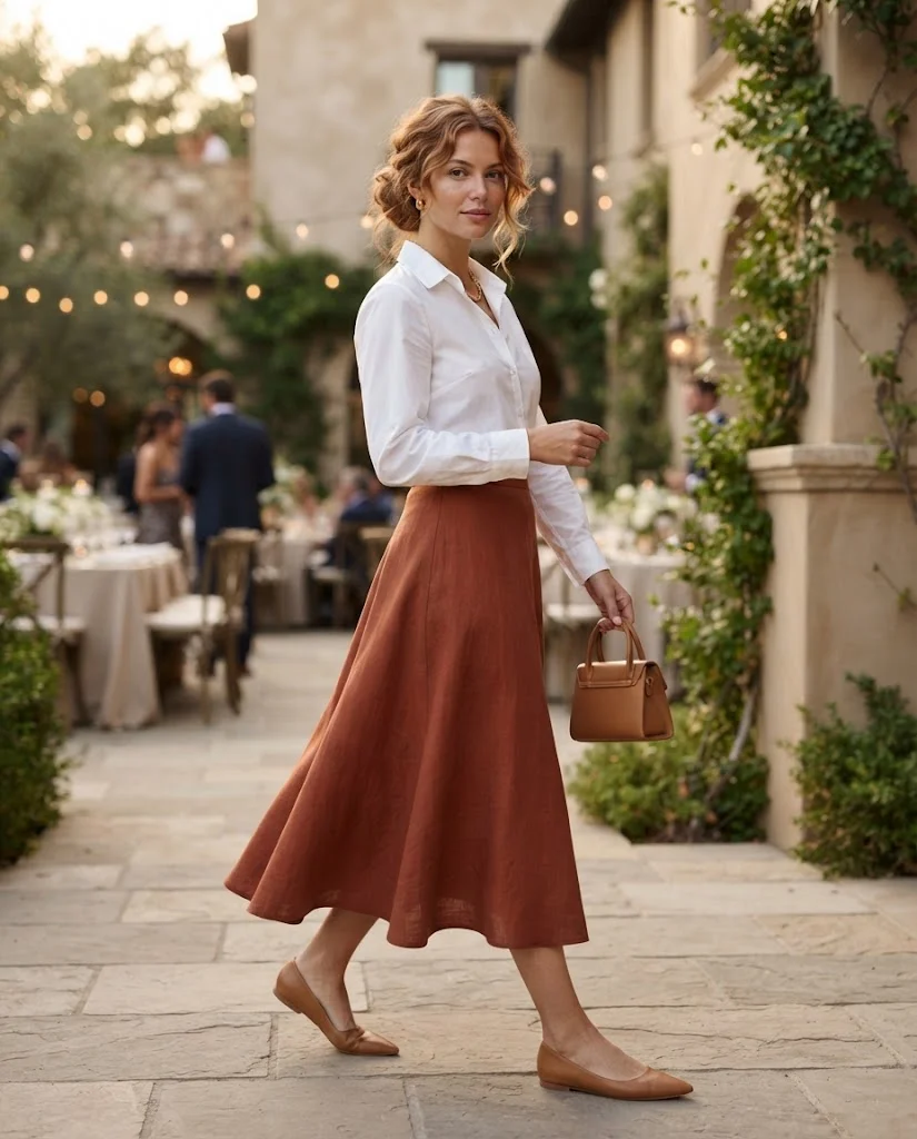 women wearing Rust Midi Skirt With a White Blouse