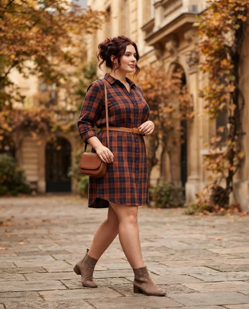 Plus Size Autumn Outfit Ideas for Women: 15 Chic Ideas 6 Rust Plaid Shirt Dress With a Tan Belt, a classic plus size autumn outfit for women