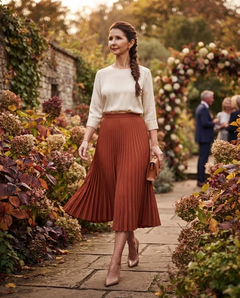 Rust Pleated Midi with Cream Blouse, a semi-formal wedding guest outfit for women over 50