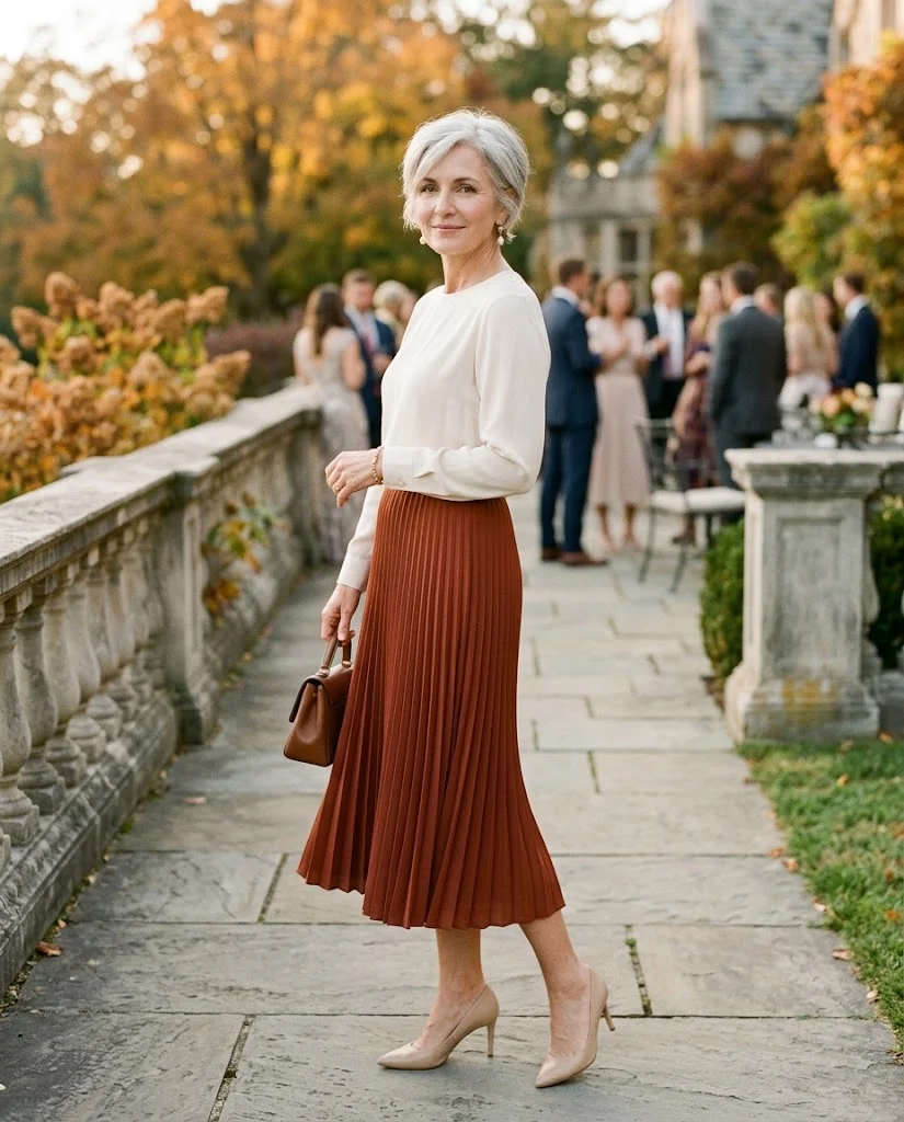 Rust Pleated Midi Skirt with Cream Blouse, a fall wedding guest outfit for women over 50