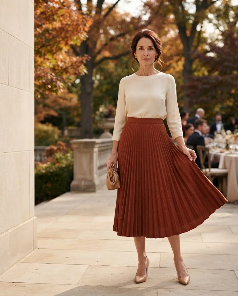 Rust Pleated Skirt with Cream Blouse, an elegant wedding guest outfit for women over 50