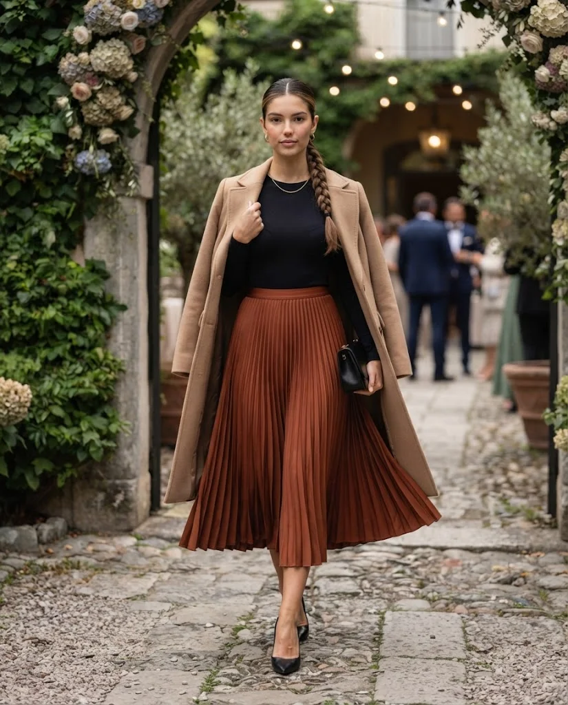 women wearing Rust Pleated Skirt With a Black Fitted Top