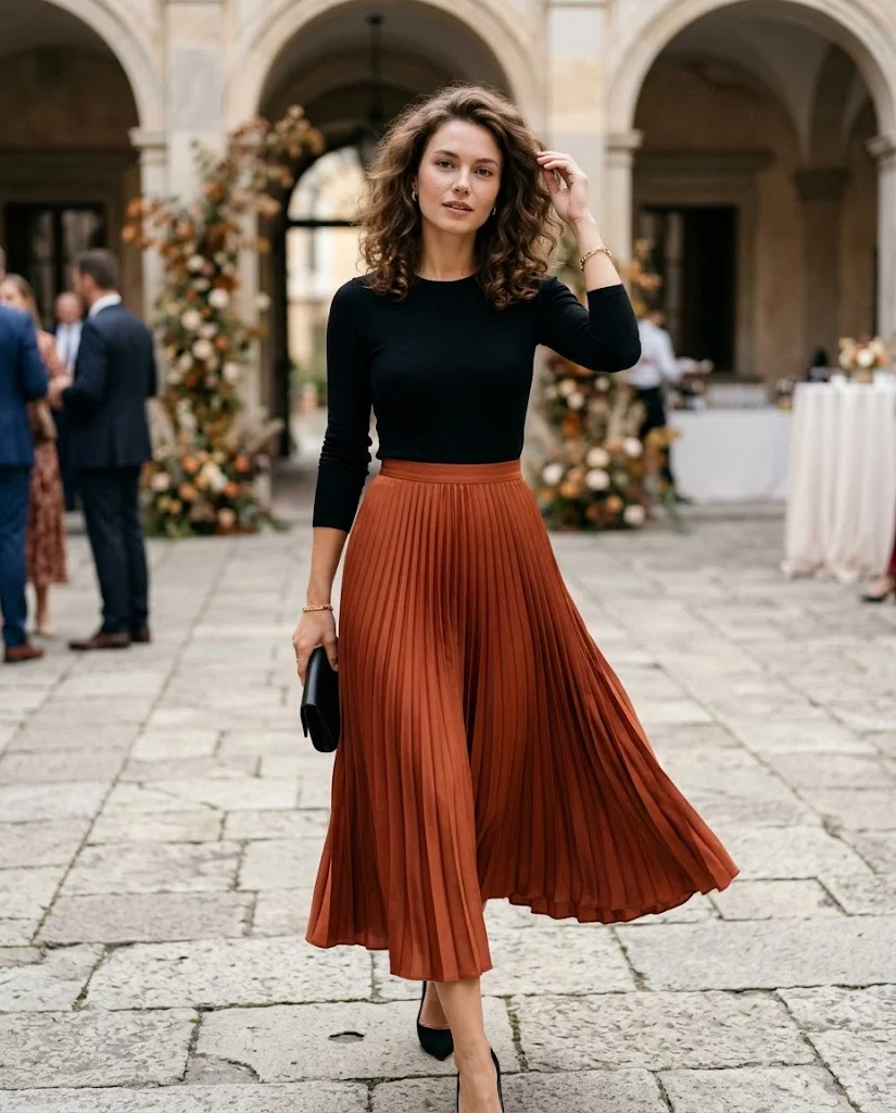 women wearing Rust Pleated Skirt With a Black Fitted Top