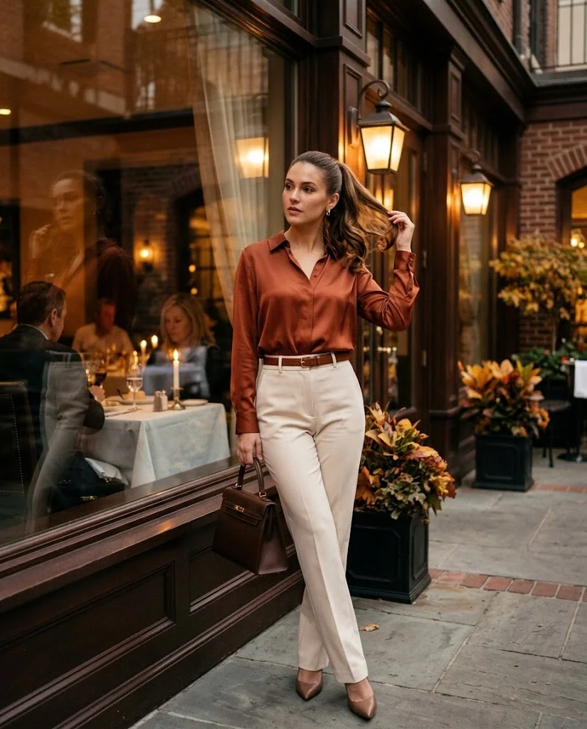 Rust Satin Blouse with Cream Trousers, an elegant old money fall dinner outfit for women