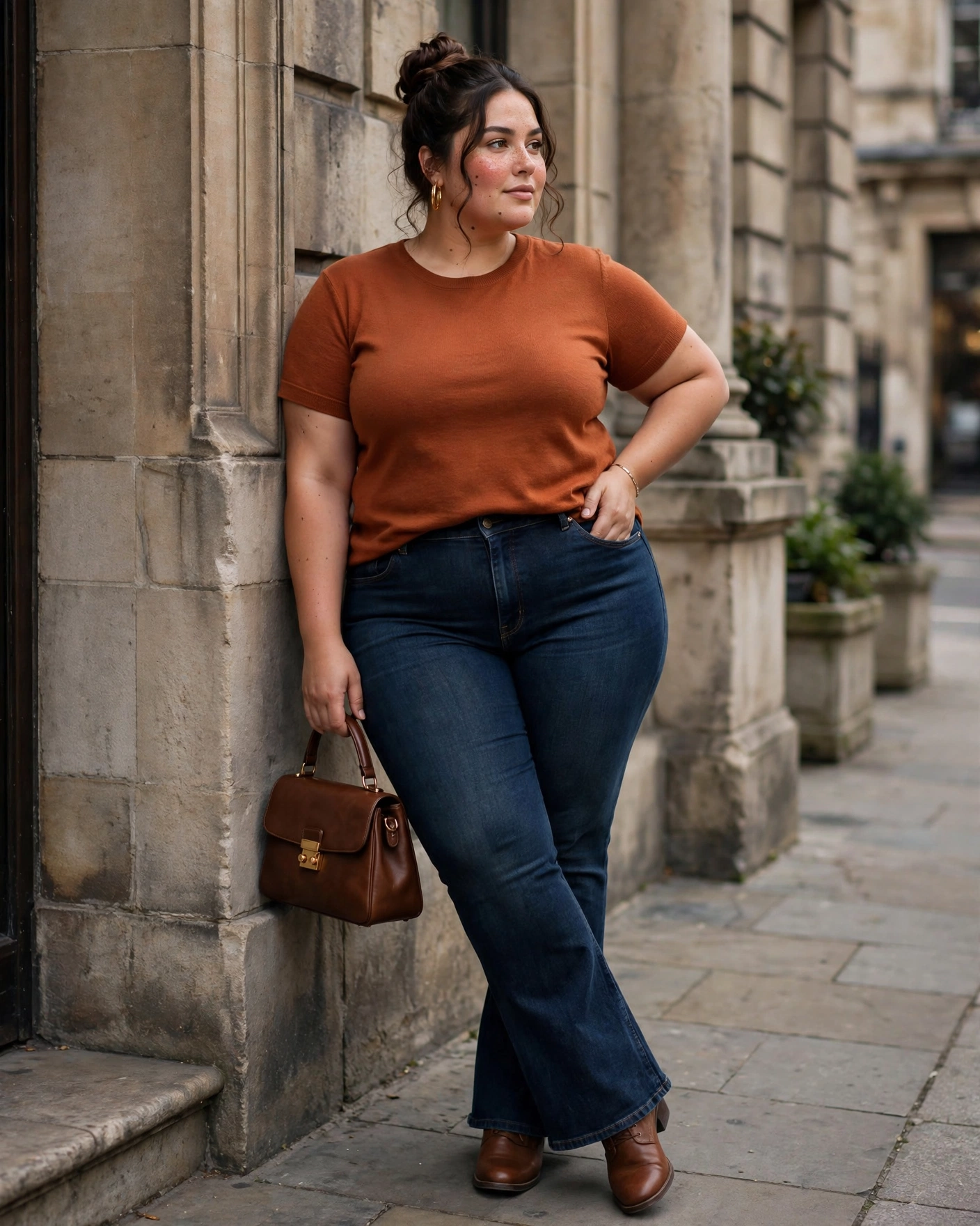 Rust Short-Sleeve Top With Bootcut Jeans Plus Size Early Fall Outfit