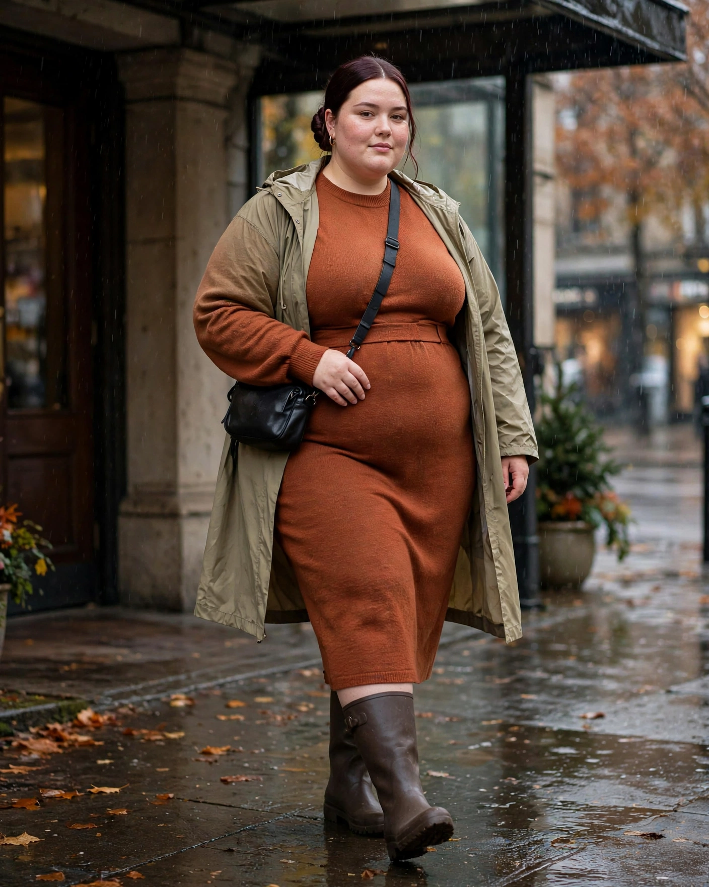 Rust Sweater Dress With Tall Waterproof Boots Plus Size Rainy Fall Outfit