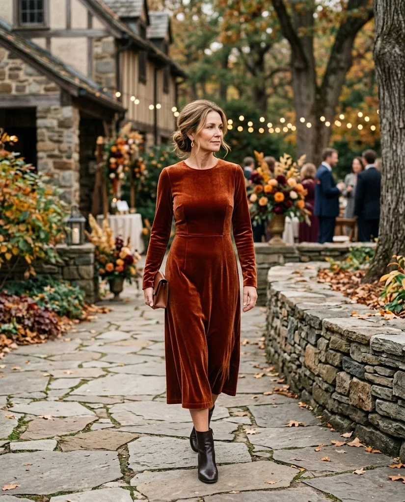 Rust Velvet Midi Dress with Ankle Boots, a fall wedding guest outfit for women over 50