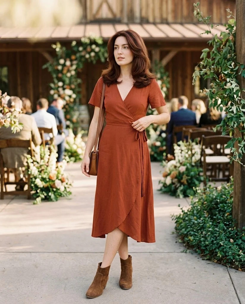 Rust Wrap Dress with Suede Ankle Boots, a stylish western wedding guest outfit for women